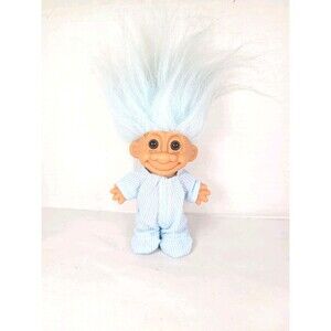 Vintage 90's Russ Troll Doll Brown Eyes & Light Blue Hair With Pajamas